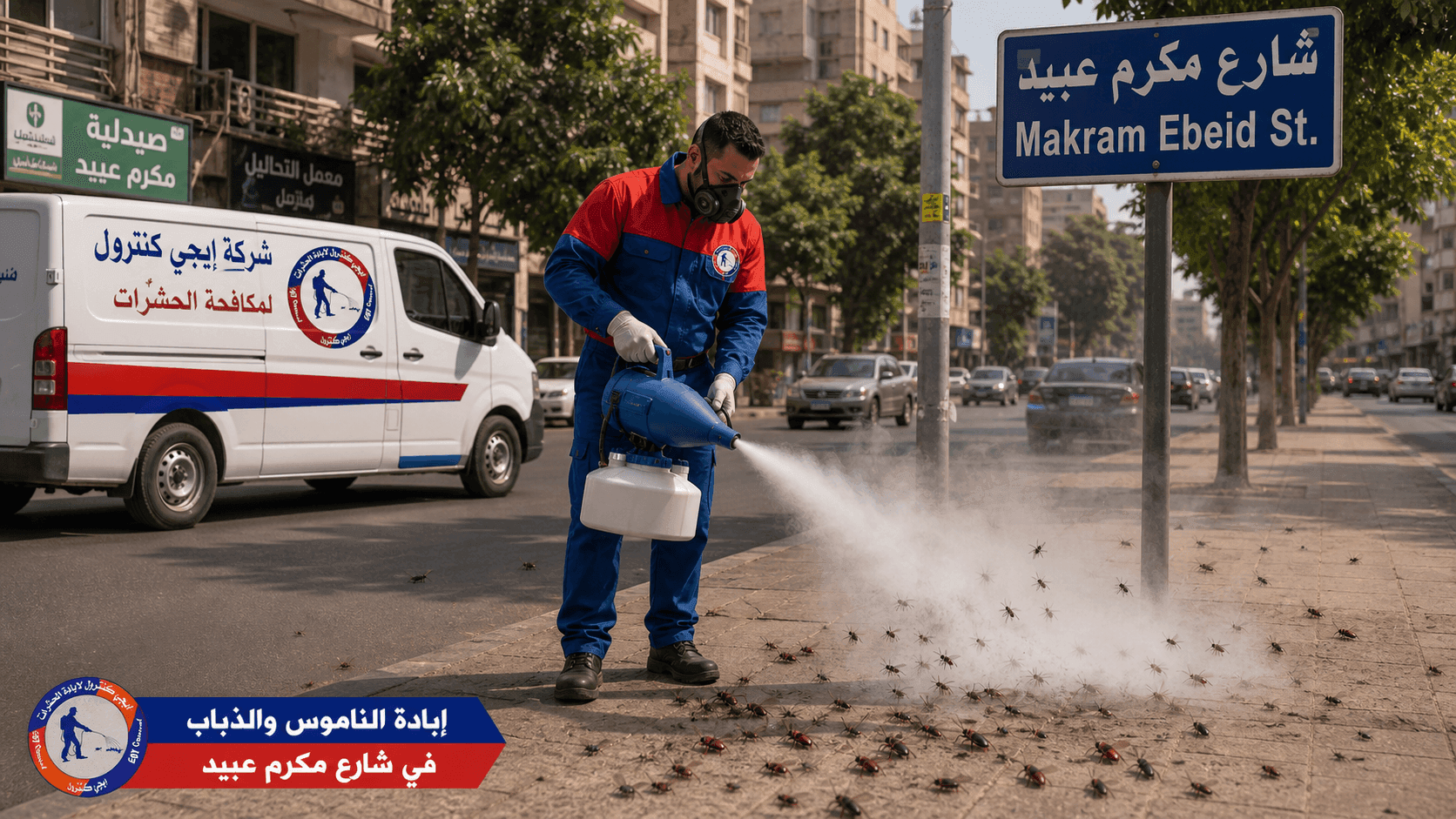 إبادة الناموس والذباب في شارع مكرم عبيد