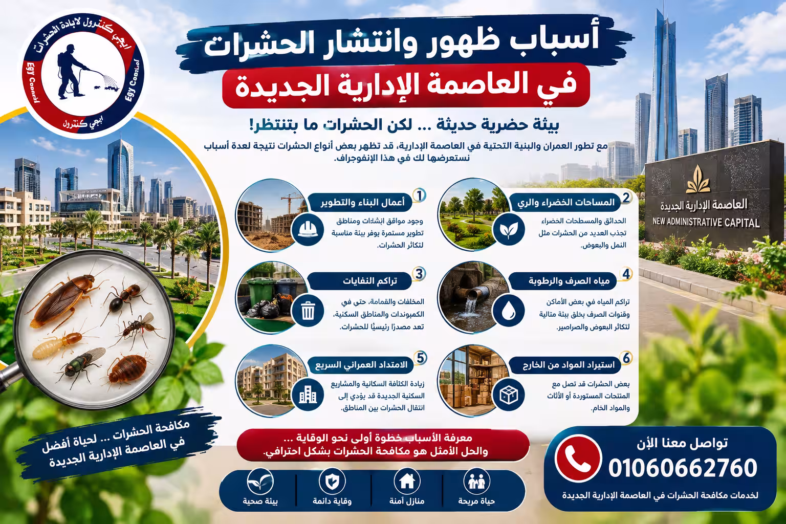شركة مكافحة حشرات في العاصمة الإدارية 01060662760 خصم 50% 2 أسباب ظهور وانتشار الحشرات في العاصمة الإدارية الجديدة